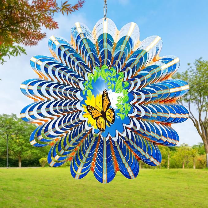 Animated Butterfly Wind Spinner - 12inch 3D Hanging Wind Sculpture | Kinetic Metal Wind Spinners Outdoor Garden Decor Yard Art Ornament, Birthday, Christmas, Housewarming Gifts for Women, Mother