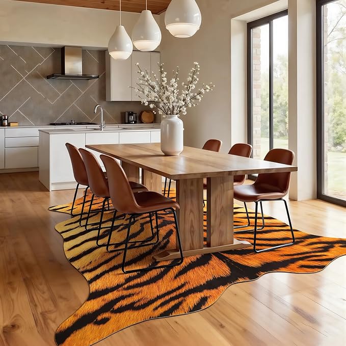AROGAN Premium Tiger Print Rug, Faux Animal Hide Rugs, Non-Slip 6.2x5.2 Ft | Machine Washable Animal Print Hide Leopard Skin Area Rug for Bedroom Living Room Home Decor Pet Friendly
