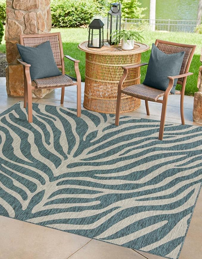 Unique Loom Outdoor Safari Collection Area Rug - Tsavo (10' Square, Teal/ Ivory)