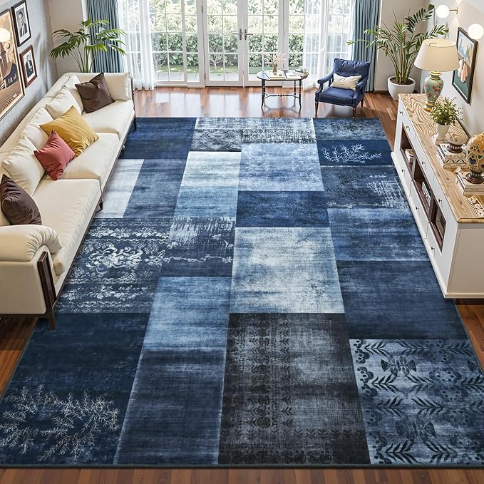 Washable Area Rugs 6x9 for Living Room, Large Modern Geometric Navy Blue Soft Patchwork Carpet, Non-Slip Stain Resistant Throw Rug for Bedroom Dining Room Office Home Decor