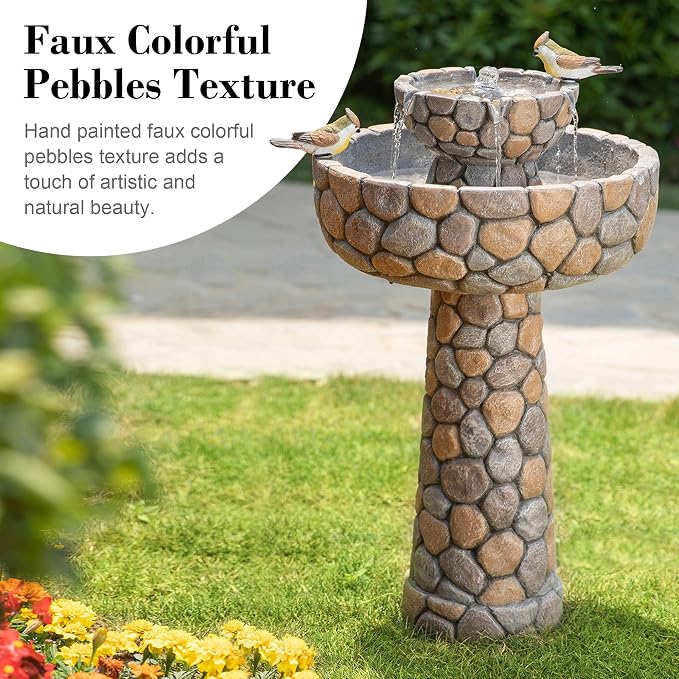 Glitzhome 2-Tier Stone Like Outdoor Water Fountain with Birds, Bird Bath Outdoor Waterfall Fountain Decor, Freestanding Water Fountains with Pump for Garden Yard Patio Porch, 24.41”H