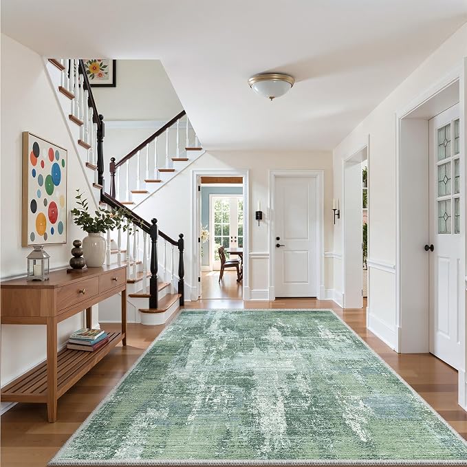 Valenrug 9x12 Area Rug, Abstract Washable Rugs for Living Room Sage Green | Soft Thin & Lighweight, Folable, Stain Resistant Low Pile Non Slip Modern Distressed Carpet Rugs for Bedroom, Dining Room