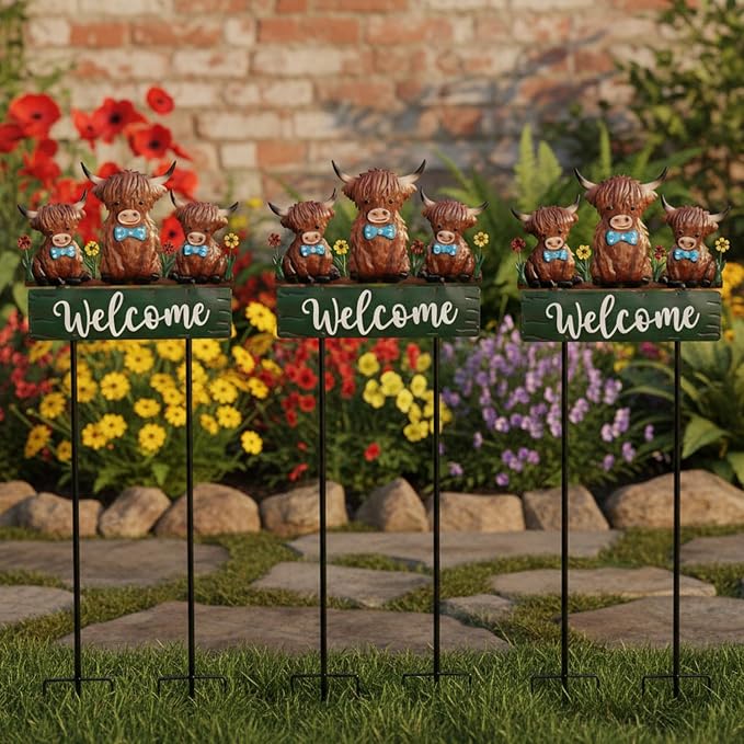 43.3inch Highland Cow Yard Stakes for Decorations Outdoor, Vintage Farmhouse Decorative Garden Stakes Large Metal Yard Art with Welcome Sign