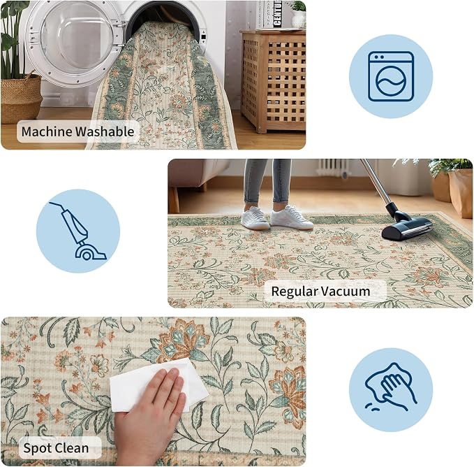 GarveeHome 8x10 Sage Green Washable Area Rug Living Room Bedroom Non Slip | Botanical Floral Print Rug Soft Floor Mat Carpet Indoor Thin Cottage core Rug for Dining Room Playroom Nursery Room