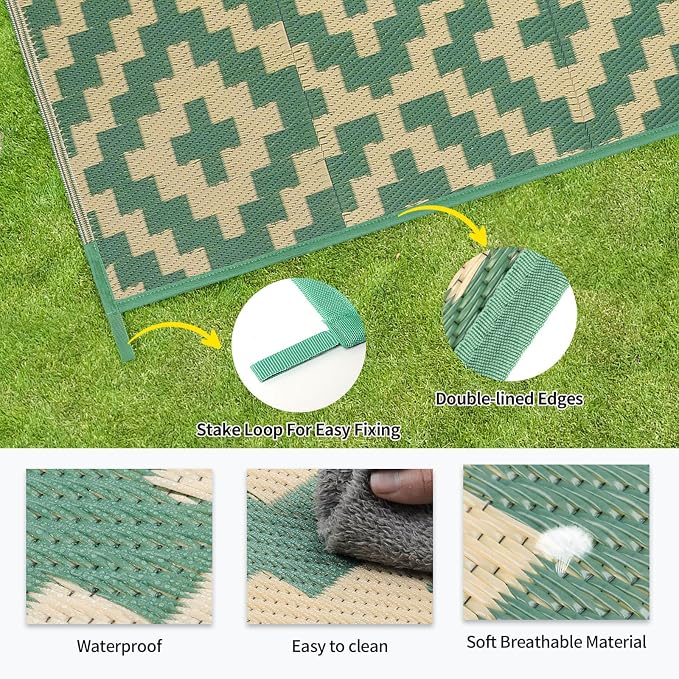 Outdoor Patio Plastic Straw Rug - 9x12 ft Outdoor Camping Rug Waterproof Reversible, Area Carpet Patios RV, Outside Porch Balcony Deck for Camper, Green & Yellow