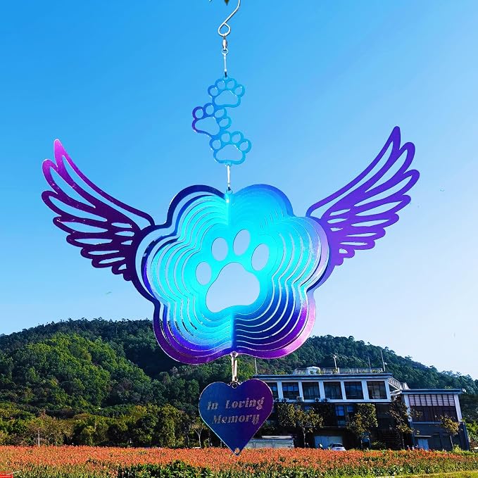 Pet Memorial Wind Spinners, Cat Memorial Gifts,Stainless Steel Angel Wings Pet Paw Print,Dogs and Cats Remembrance, Pet Sympathy,Pet Loss Bereavement Gifts