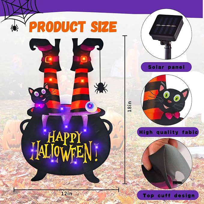 Halloween Lighted Garden Flag for Outside, Led Solar Yard Flag 8 Modes Witch Feet Shape Flag, 12x18 Double Sided Cauldron Eyeball Black Cat Decorations for Home Porch