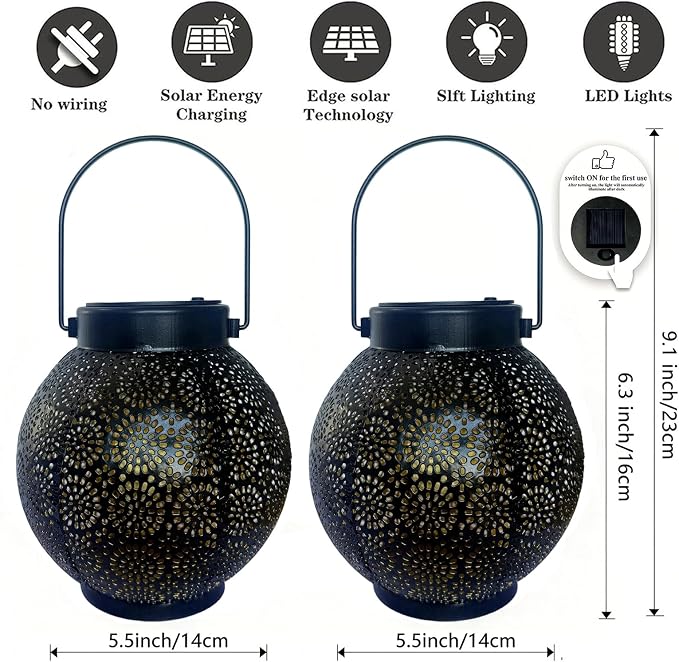 Solar Lanterns Outdoor Hanging 2 Pack, Waterproof Metal Garden Decor Lights, Dusk to Dawn Auto On/Off Solar Powered Lamp for Patio Porch Yard Pathway Tabletop (Classic Black Polka Dot)