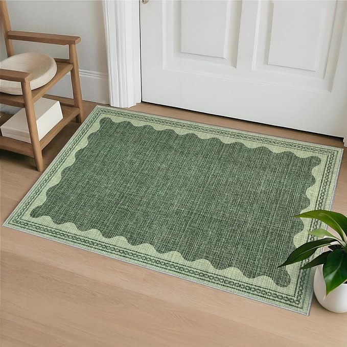 2x3 Scalloped Area Rugs Green Washable Entryway Bedroom Rug | Solid Small Area Rug Non Slip Scalloped Bath Mat, Front Door Mat Indoor Entrance,Soft Girls Nursery Dorm Carpet for Kitchen