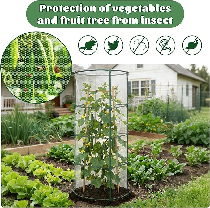 3PCS Garden Bird Netting for Tomato Cage with Zipper & Drawstring | 59"x 18" Round Tomato Trellis Garden Netting Insect Bird Barrier Protection Mesh Cage Cover for Tomato Planter Gardening Pots