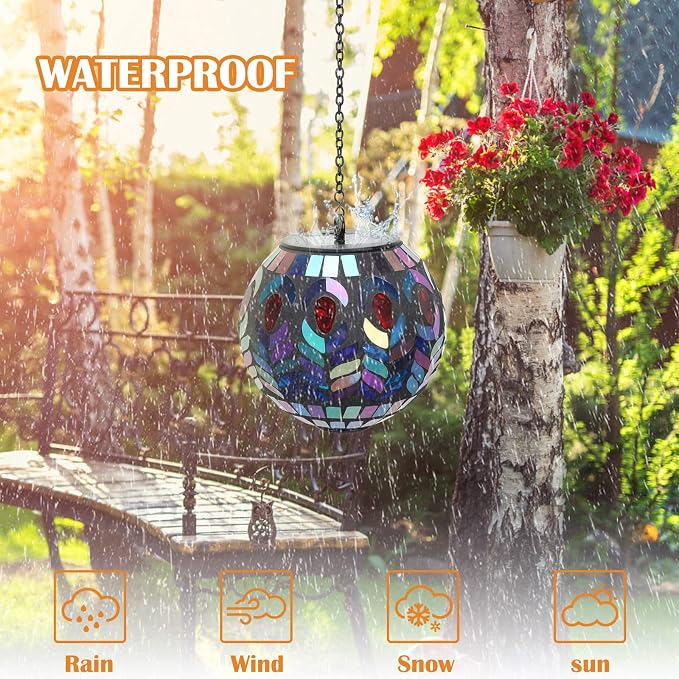 Mosaic Solar Lantern Outdoor Waterproof Glass Hanging Solar Lights, Black | Solar Hanging Lantern IP44 Waterproof Mosaic Gazing Ball with White LED Lights, Metal Hanging Chain, Outdoor Pathway Decor