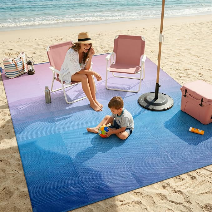 Lahome 9x12 Pink Outdoor Pool Picnic Rug, Pink Blue Beach Camping Rugs for Outside Your Rv, Waterproof Plastic Straw Stain Resistant Deck Carpets for Patio Porch Decor, Pink Blue 9'x12'