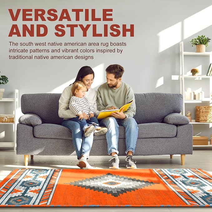 YHSF Southwestern Area Rug - Anti Static & Washable - Orange, 2 ft x 3 ft | Soft Native American Tribal Floor Rugs for Living Room, Bedroom, Hallways, and More - Easy-to-Clean Home Decors