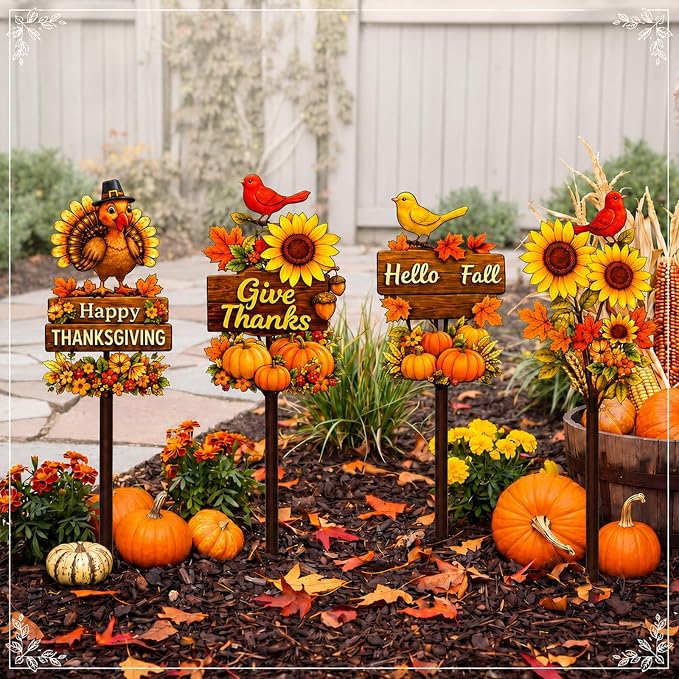 4 Pcs Fall Thanksgiving Garden Stakes Pumpkins Maple Leaves Turkey Sunflower Metal Yard Sign Outdoor Art Stake for Thanksgiving Decorations Autumn Harvest Patio Lawn Walkway Porch