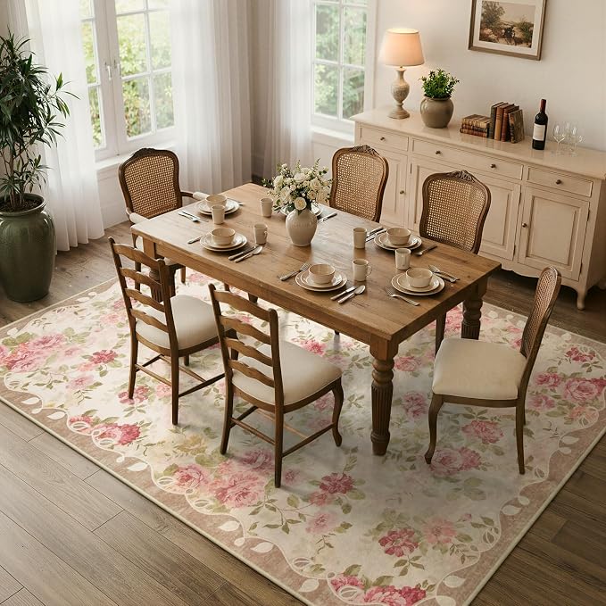 Lahome Washable Area Rug 6x9,Nursery Rug Girl Pink Dorm Rug | Vintage Girls Rugs for Bedroom Ultra-Thin Non Slip Carpet for Playroom Closet Dorm Room Decor Nina (6'X9',Beige)