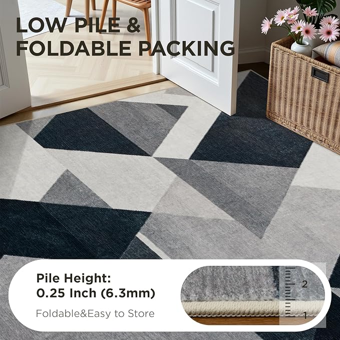 Joydeco 5x7 Geometric Washable Area Rug for Living Room, Black Gray White | Modern Non-Slip Low Pile Soft Stain Resistant Dark Gray Pet Child Friendly Carpet for Bedroom Dining Room Home Office