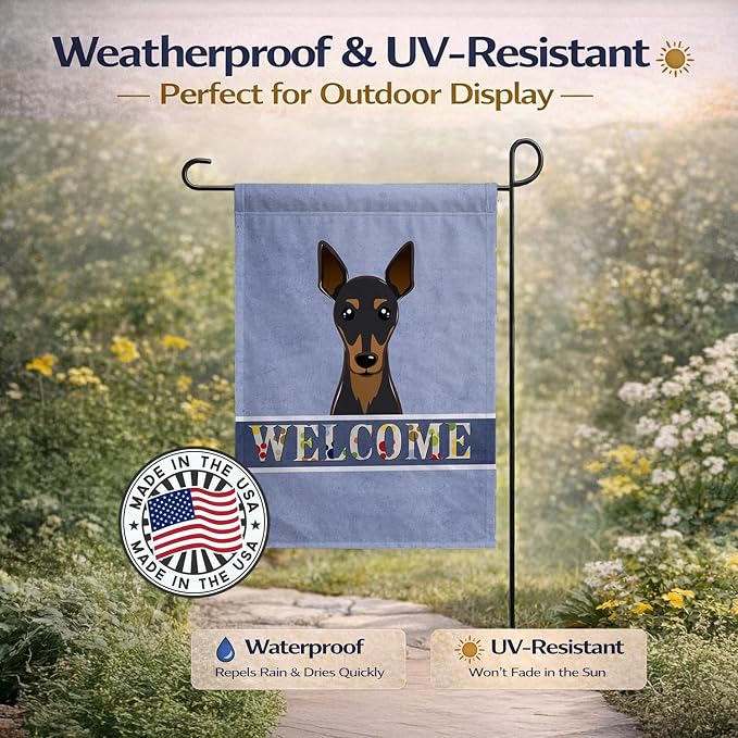 Caroline's Treasures BB1426GF Min Pin Welcome Garden Flag, Blue Mailbox Flag Decorative Yard Flag Banner Outside Patio Artwork Yard Flower Beds, Garden Size, Multicolor