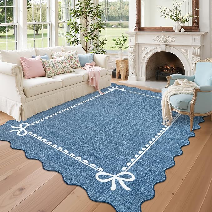 GarveeHome Scalloped Bow Rug 9x12 Washable Rugs for Living Room, Dark Blue | Non Slip Soft Low Pile Large Indoor Carpet for Nursery Girls Bedroom Decor Hallway Kids Room College Dorm Playroom