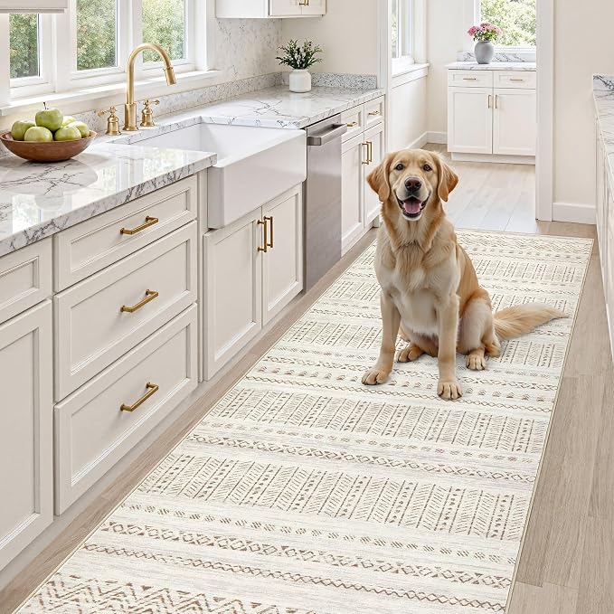 cotiled Hallway 3x8 Runner Rugs Washable Boho Moroccan Soft Rug | Non-Slip Stain Resistan Carpet for Entryway Kitchen Laundry Brown Cream