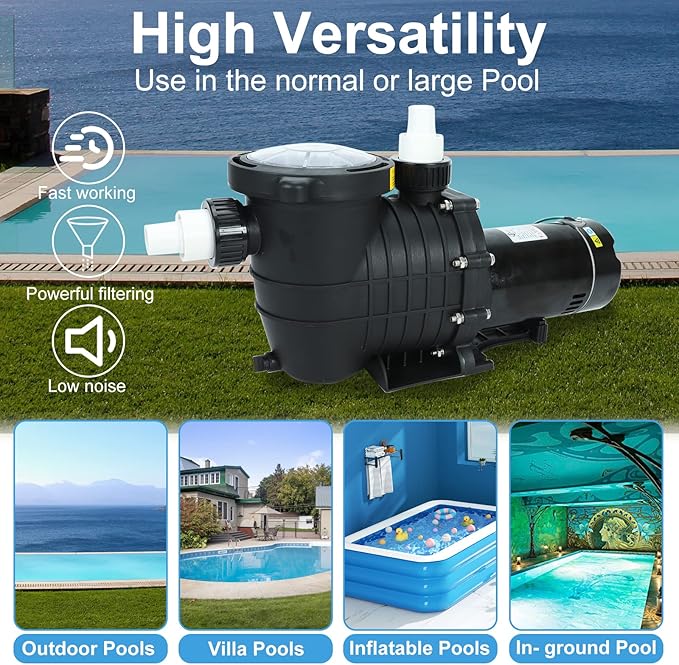 2.0 HP In/Above Ground Swimming Pool Pump, 110V 6600GPH Single Speed Pool Water Pumps lnground Above Ground with Filter Basket