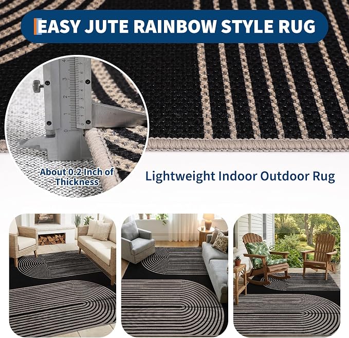 GarveeHome Modern Rainbow Easy Jute 4x6 Area Rug, Indoor Outdoor Reversible Low Pile, Non-Slip & Washable Carpet for Living Room, Bedroom, Kitchen, Sunroom