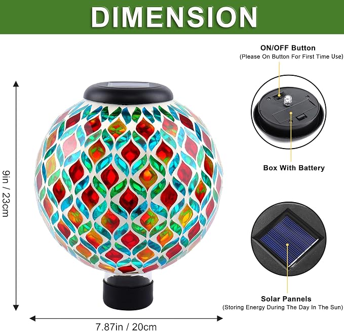 VOREEN 8" Solar Mosaic Glass Garden Ball, IP45 Waterproof Globe Yard Light, Automatic Dusk-to-Dawn Colorful Landscape Lamp for Patio Lawn Pathway Outdoor Decoration