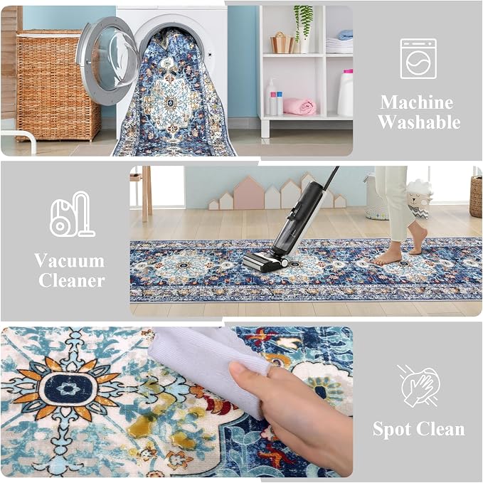 U'Artlines 2.6'x20' Boho Hallway Runner Rug Non Slip Washable Runners,Blue | Vintage Farmhouse Kitchen Rug, Extra Long, Accent Area Carpet for Entryway Laundry and Living Room