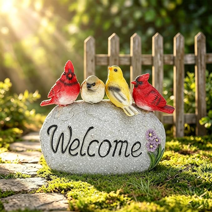 Solar Garden Statues Outdoor Decor, Welcome Sign Garden Sculptures Statue Novelty Birds Figurine Decoration for Patio Yard Porch Art Home Decor or Gifts for Mom Grandma