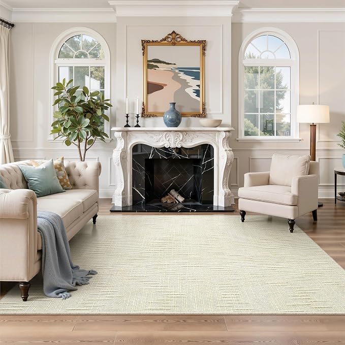 Valenrug Washable Rugs 5x7, High-Low Pile Area Rugs for Living Room, Ivory | Soft Fluffy Textured Design Non Slip & Lighweight, Folable, Stain Resistant Floor Carpet Rug for Bedroom, Dining Room, Office