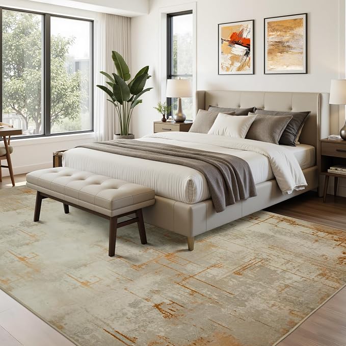 Joydeco 5x7 Area Rugs for Living Room, Washable Modern Abstract Non Slip Soft Rug, Low Pile Carpet for Bedroom, Dining Room, Home Office, Pet & Child Friendly, Light Brown & White&Beige