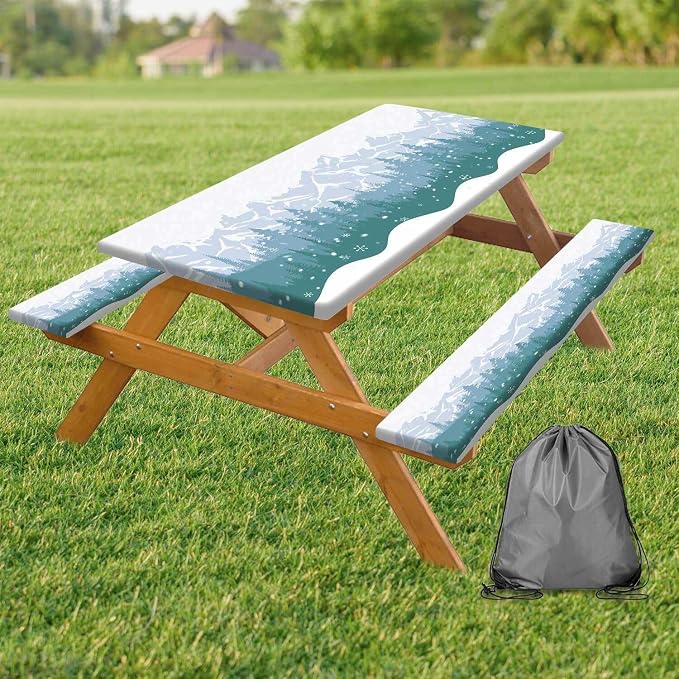 Picnic Table Cover with Bench Covers Waterproof Windproof Camping Tablecloth with Drawstring Bag, Outdoor Patio Camping Essentials, 60In 3PCS, Green Blue