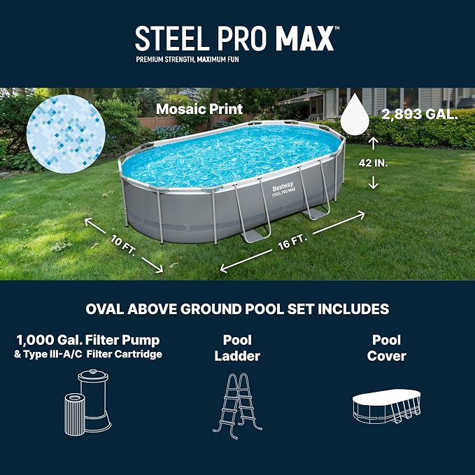 Bestway Steel Pro MAX 16' x 10' x 42" Above Ground Pool Set with Pump | Durable Oval Metal Frame Outdoor Backyard Swimming Pool, Puncture-Resistant Liner - Ladder and Cover Included, Gray