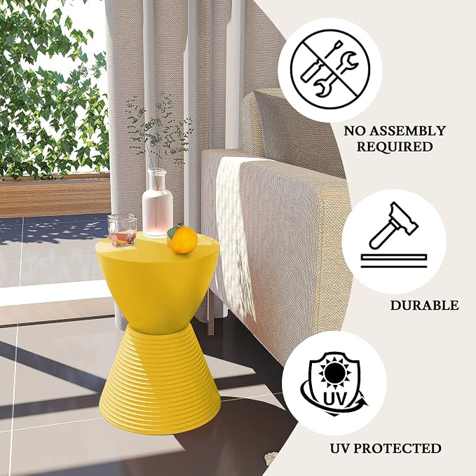 LeisureMod Modern Hourglass Yellow Side Table - ABS Shell Drum End Table with Storage for Indoor & Outdoor Use