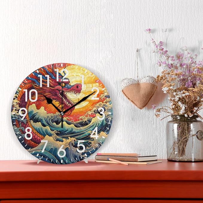 ALAZA Home Decor Chinese Dragon Ocean Wave Artwork Round Acrylic 9.84 Inch Wall Clock Non Ticking Silent Clock Art for Living Room Kitchen Bedroom