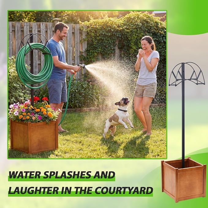 AceOrbit 2-in-1 Garden Hose Holder with Planter Box, Freestanding Heavy Duty Metal Water Hose Stand with Wooden Flower Pot 15.75", Detachable Organizer Rack for Patio Lawn Yard Garden Decor