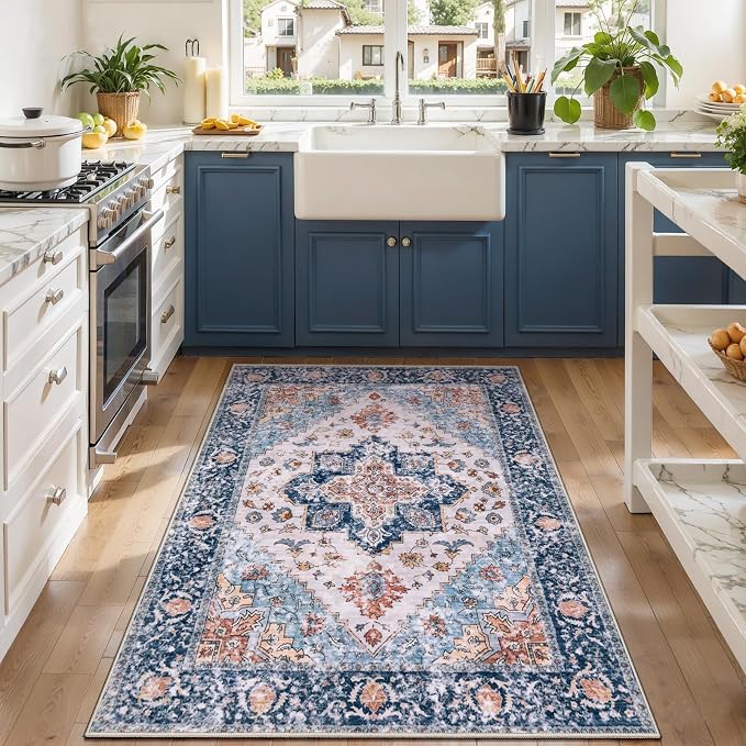SERISSA 3x4 Washable Non Slip Boho Area Rug for Entryway，Blue Orange | Ultra Soft Vintage Oriental Carpet Low-Pile Distressed Tribal Indoor Entrance Carpet for Kitchen Bedroom Living Room Dorm