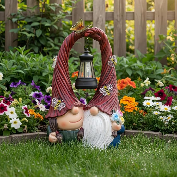 Couple Gnome Figurine with Solar Lantern Gnome Lamp Decor Garden Statue Outside Outdoor Yard Housewarming Gifts for Mom Women Grandma Valentine's Day Anniversary