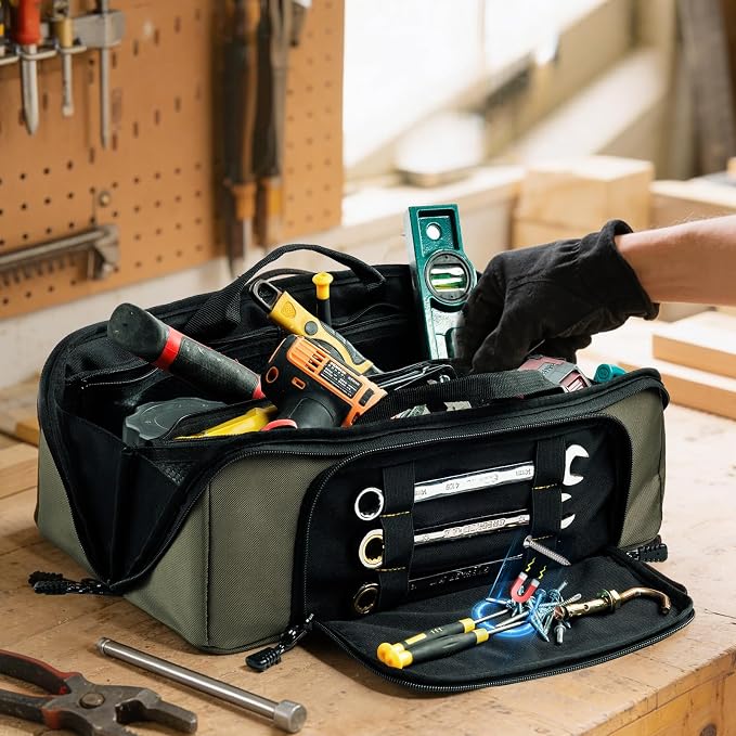 Tool Bag Organizer for Electrician & Technician, Portable Wide-Open Tool Tote with Multi Compartments, Heavy Duty Tool Storage Bag for HVAC, Plumbing, Garage & Home Repair Tools, Handyman