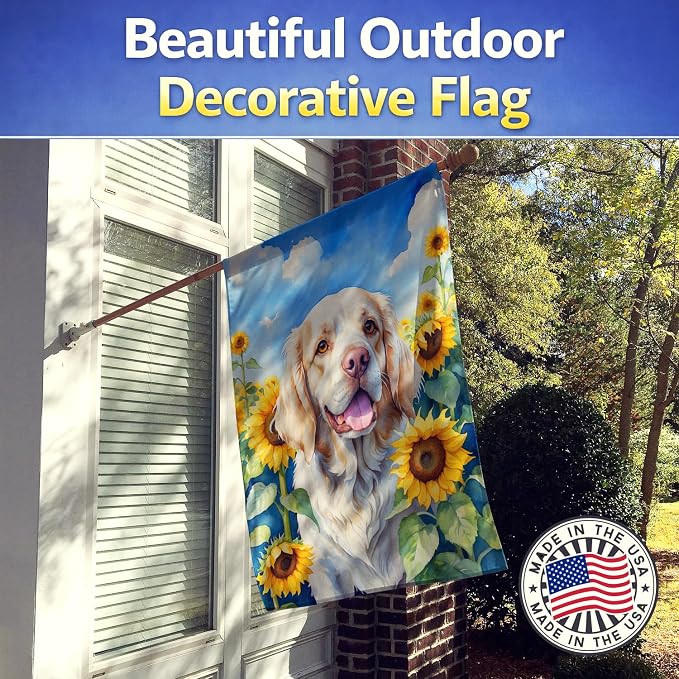 Caroline's Treasures DAC6056CHF Clumber Spaniel in Sunflowers House Flag Large Porch Sleeve Pole Decorative Outside Yard Banner Artwork Wall Hanging, Polyester, House Size, Multicolor