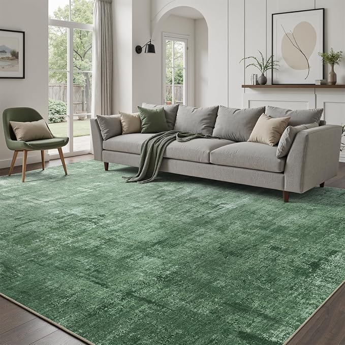 DCX Washable Abstract Area Rug 9x12, Non Slip Low Pile Rug, Green | Easy to clean, non-shedding, soft, kid & pet friendly, with a non-slip rubber backing for living rooms, bedrooms, and offices