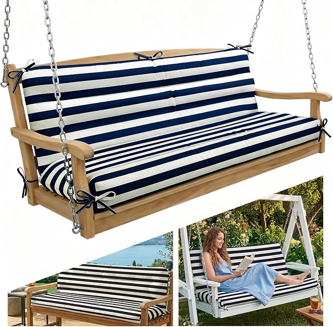 Outdoor Swing Cushion with Backrest, Tie Straps & Memory Foam - Replacement for Porch Bench 2/3 Seater, Oxford Fabric (Navy-White Stripe, 60 INCH × 40 INCH)
