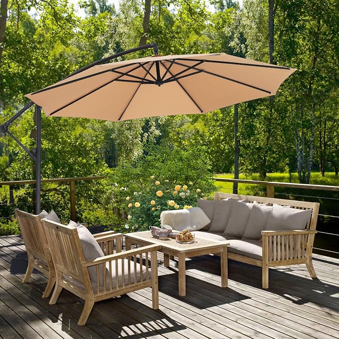 ABCCANOPY 10FT Cantilever Patio Umbrella with base included, 360° Rotation Outdoor Offset Umbrella Bonus Fix Frame & Weights Bag for Backyard, Deck, Poolside (Khaki)