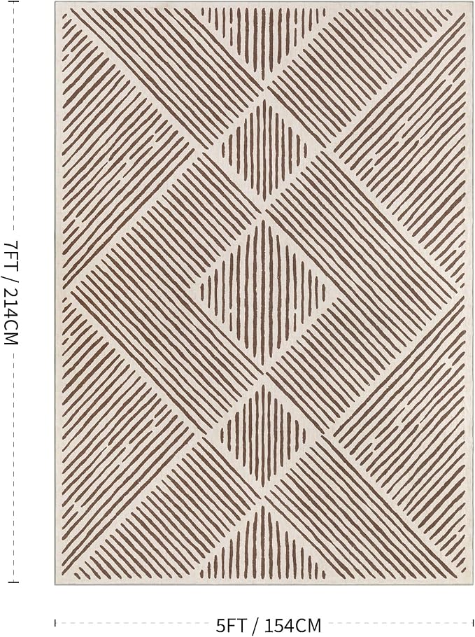 5‘x7' Washable Brown and Cream Area Rug for Living Room | Non-Slip, Soft, Low Pile, Stain Resistant, Large Farmhouse Geometric Stripe Tan Rug for Bedroom Dining Room