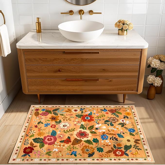 RELEANY Floral Washable 2x3 Area Rugs Doormat Orange/Yellow/Red | Flower Carpet, Print, Boho, Non-Slip, Easy to Clean, Soft, Low Pile for Living Room Bedroom Kitchen Office Entryway Hallway