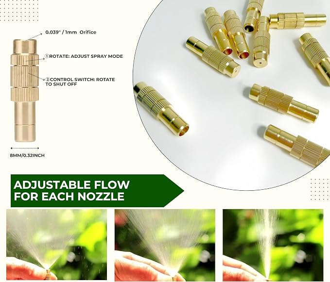 10 pk 3/8-inch OD Brass Misting Nozzles Tee Adjustable Copper Sprayer, Three Section Type,0.039"/1mm Orifice，Watering Plant Drip Irrigation Pneumatic Fittings Connection for Watering Garden