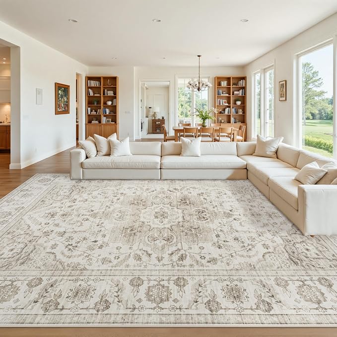 Washable 9x12 Area Rugs for Living Room Beige White Non-Slip Rug | Vintage Medallion Rug，Soft Low Pile Large Rugs，Indoor Retro Carpet for Bedroom Nursery Dining Table Farmhouse Home Office