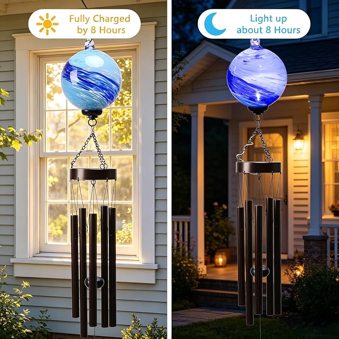 MUMTOP Solar Wind Chime for Outsides, 35" Glass Windchimes with Solar LED Lights Decorative Hanging Wind Bell for Porch Patio and Garden Decor, Blue