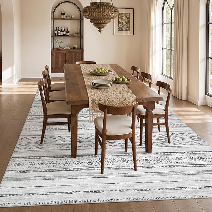 cotiled Boho 7x9 Area Rug for Living Room: Large Moroccan Washable Rug | Solve Modern Neutral Trendy Home Decor - Stain Resistan Indoor Carpet for Bedroom Dining Room Cream Grey