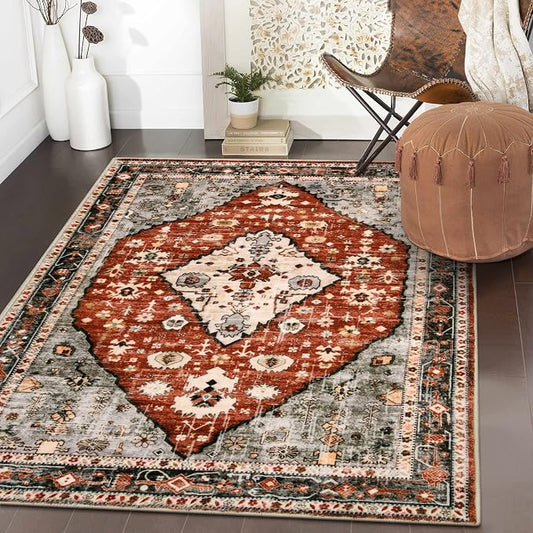 Lahome Felice Boho Tribal Area Rug - 3x5 Red Rugs for Entryway, Bedroom Throw Rugs with Rubber Backing Washable, Vintage Non Slip Mat Soft Carpet for Office Kitchen Foyer Entrance Living Room