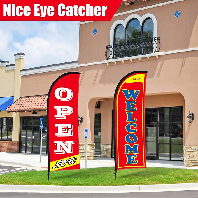 Buryeah 2 Sets Now Open Flag Banner for Business Advertising 7 ft Feather Flag Sign with Flagpole Ground Stake Portable Bag(Red)